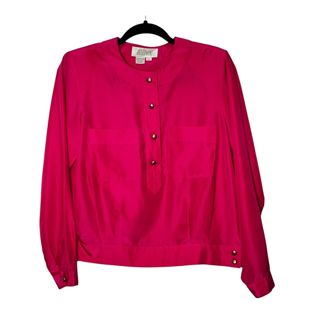 Josephine Vintage Pink‎ Satin Blouse Gold Button Front Long Sleeve Top Size 6